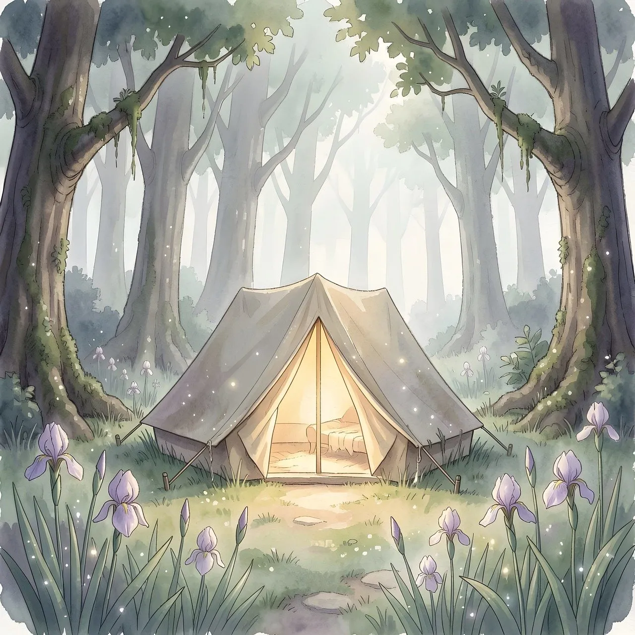 Enchanting Forest Camp: A Serene Watercolor Adventure