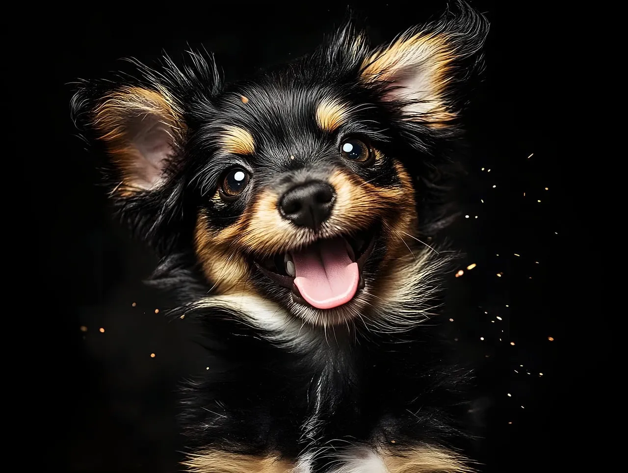 Joyful Puppy Portrait: Pure Happiness in Darkness