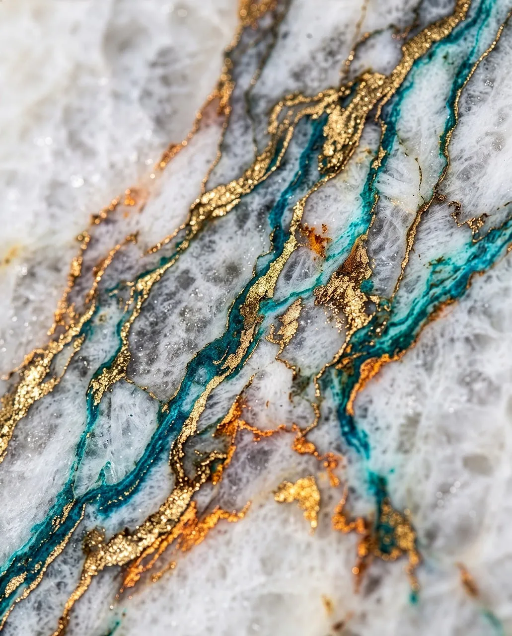 Stunning Abstract Marble: Gold and Teal Veins in White Stone