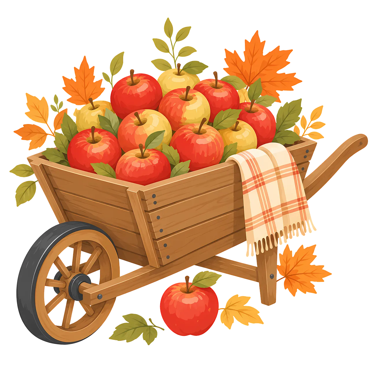 Vibrant Autumn Harvest: Rustic Wheelbarrow of Ripe Apples