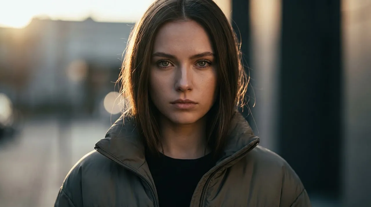 Enigmatic Sunset Portrait: Urban Woman's Captivating Gaze