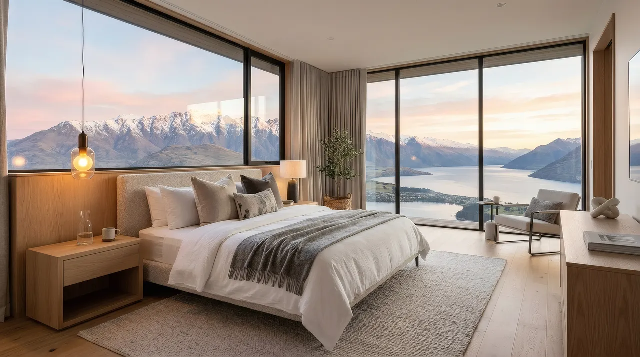 Luxury Mountain View Bedroom with Panoramic Lake Vistas