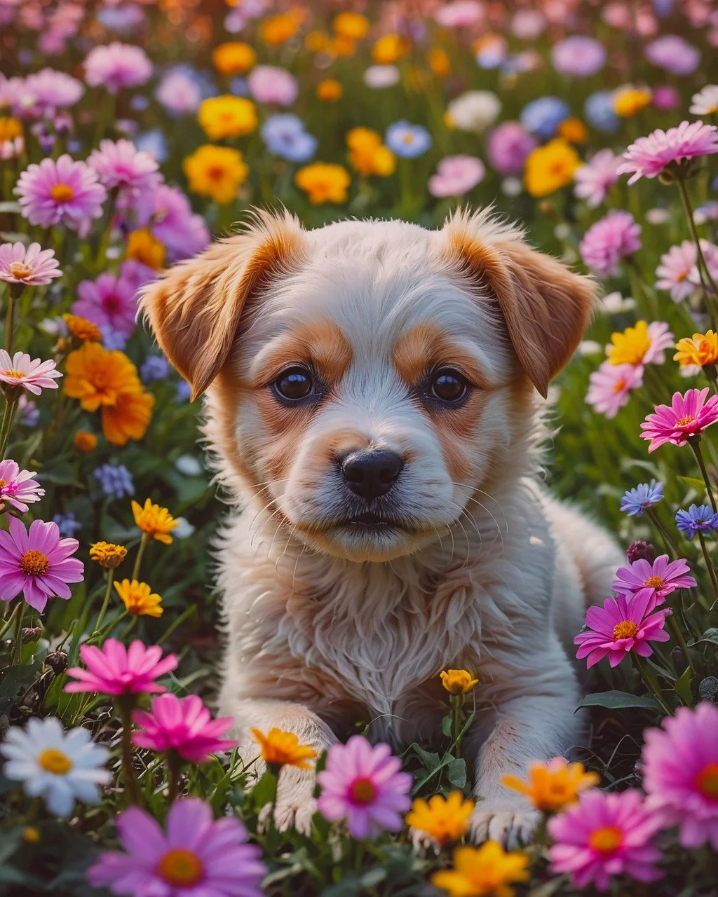 Adorable Puppy in Vibrant Spring Flower Field