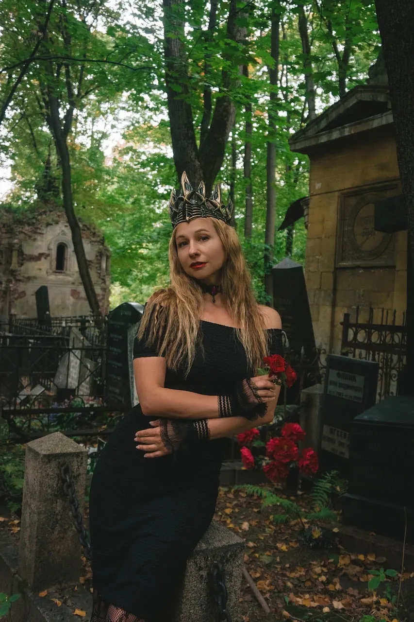 Mysterious Gothic Queen: Enigmatic Beauty in an Autumn Cemetery