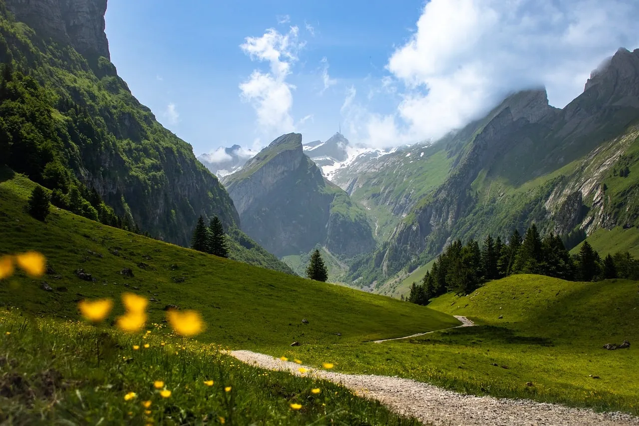Breathtaking Alps Valley: Serene Hiking Path to Majestic Peaks