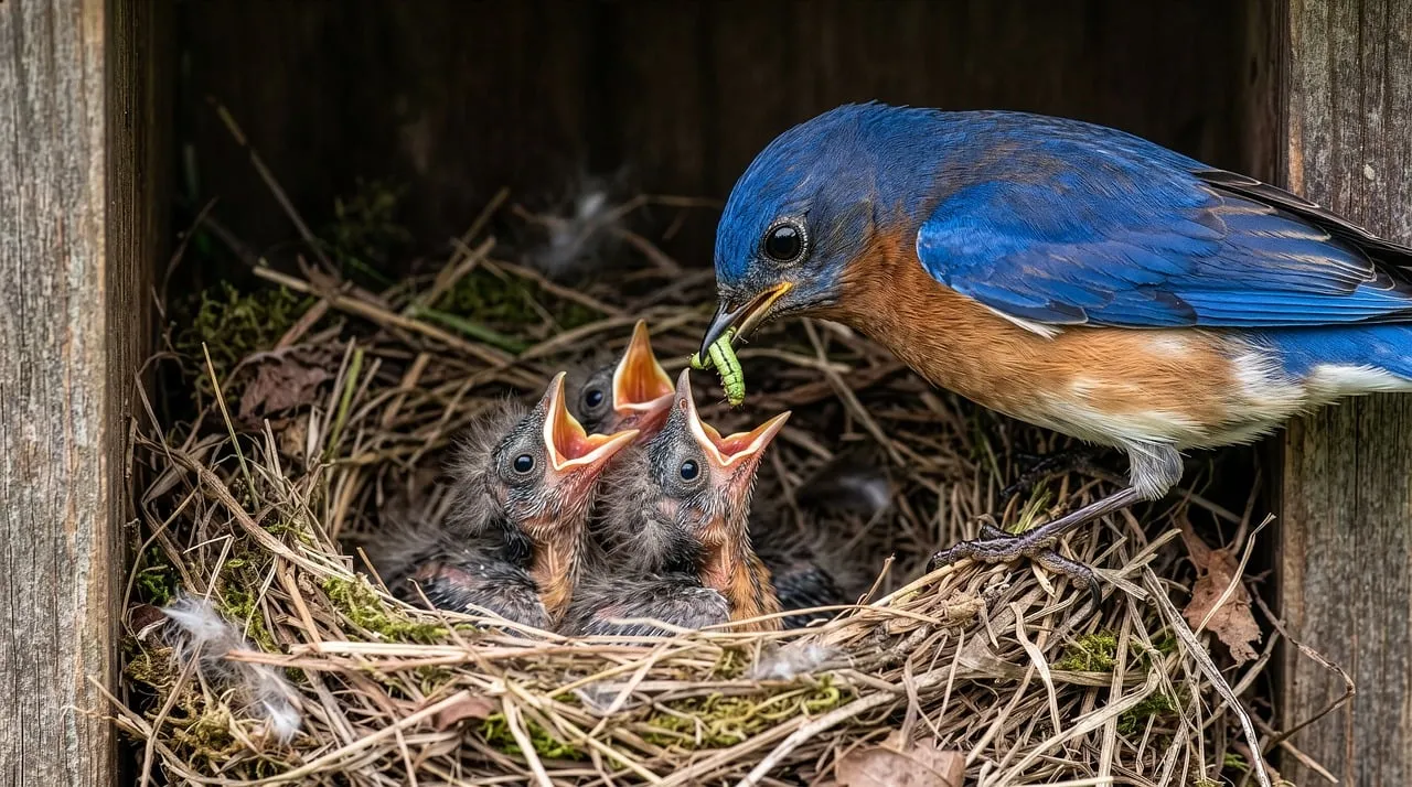 Heartwarming Bluebird Feeding Its Hungry Hatchlings