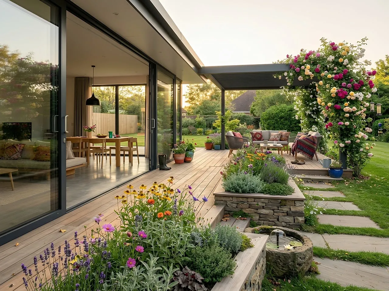 Stunning Sunset Serenity: Modern House with Lush Patio Garden