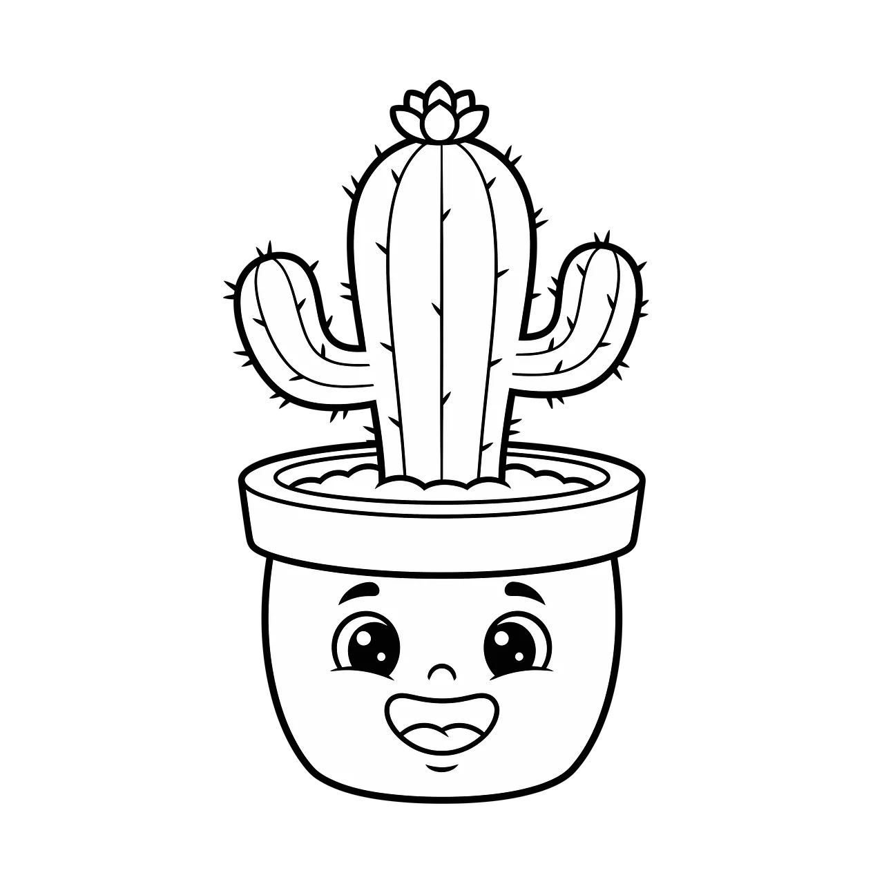 Cute Happy Cactus in Pot Line Art Illustration