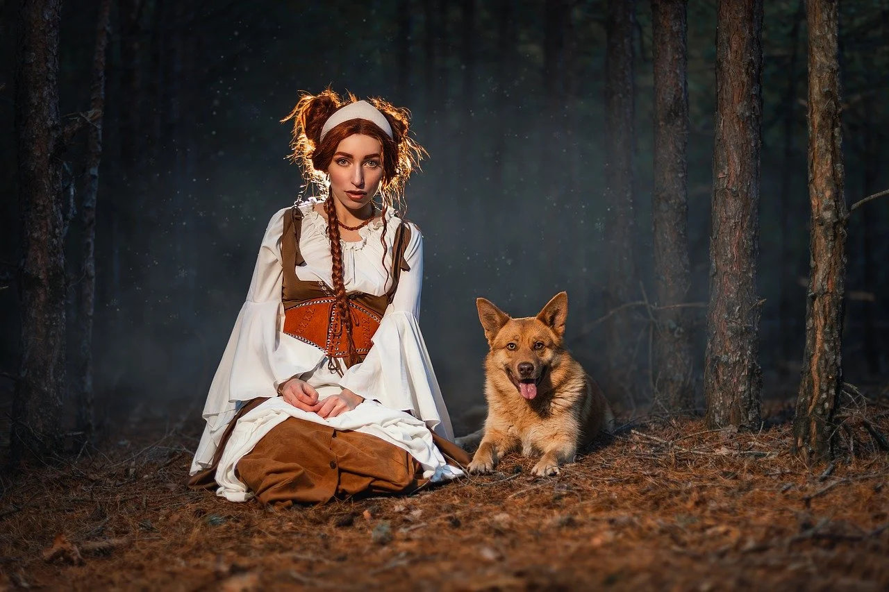Enchanting Forest Duo: Woman & Dog at Sunset