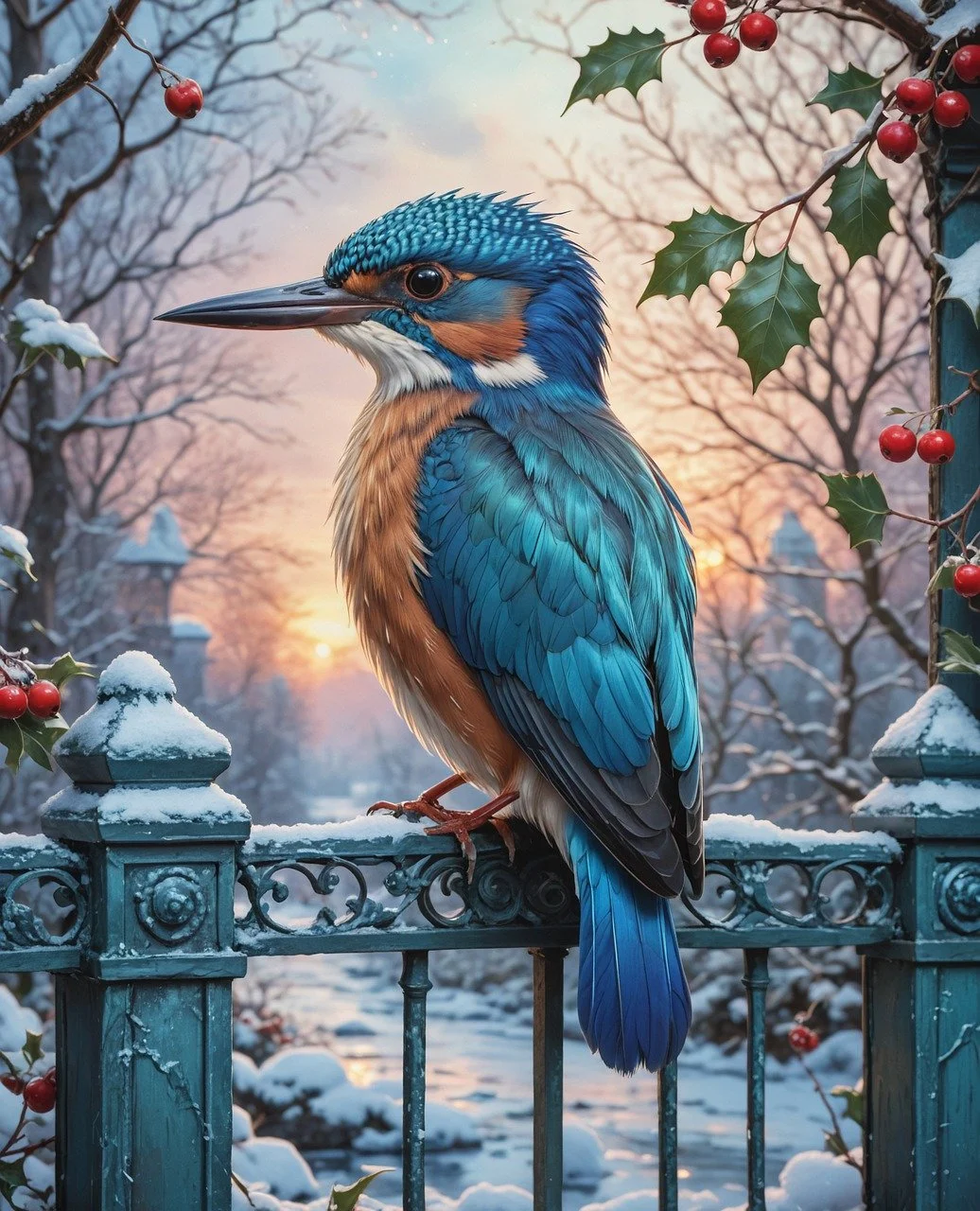 Vibrant Kingfisher Adorns Snowy Winter Wonderland