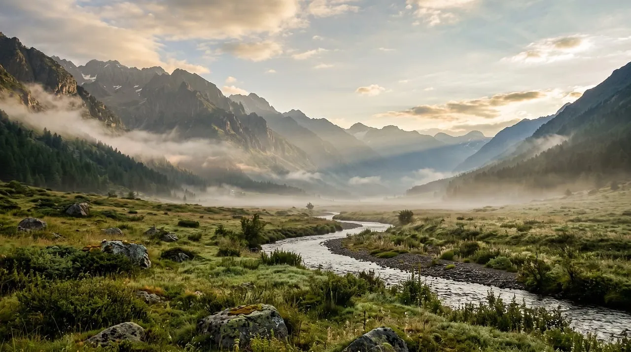 Breathtaking Alpine Sunrise: Misty Valley & Winding River