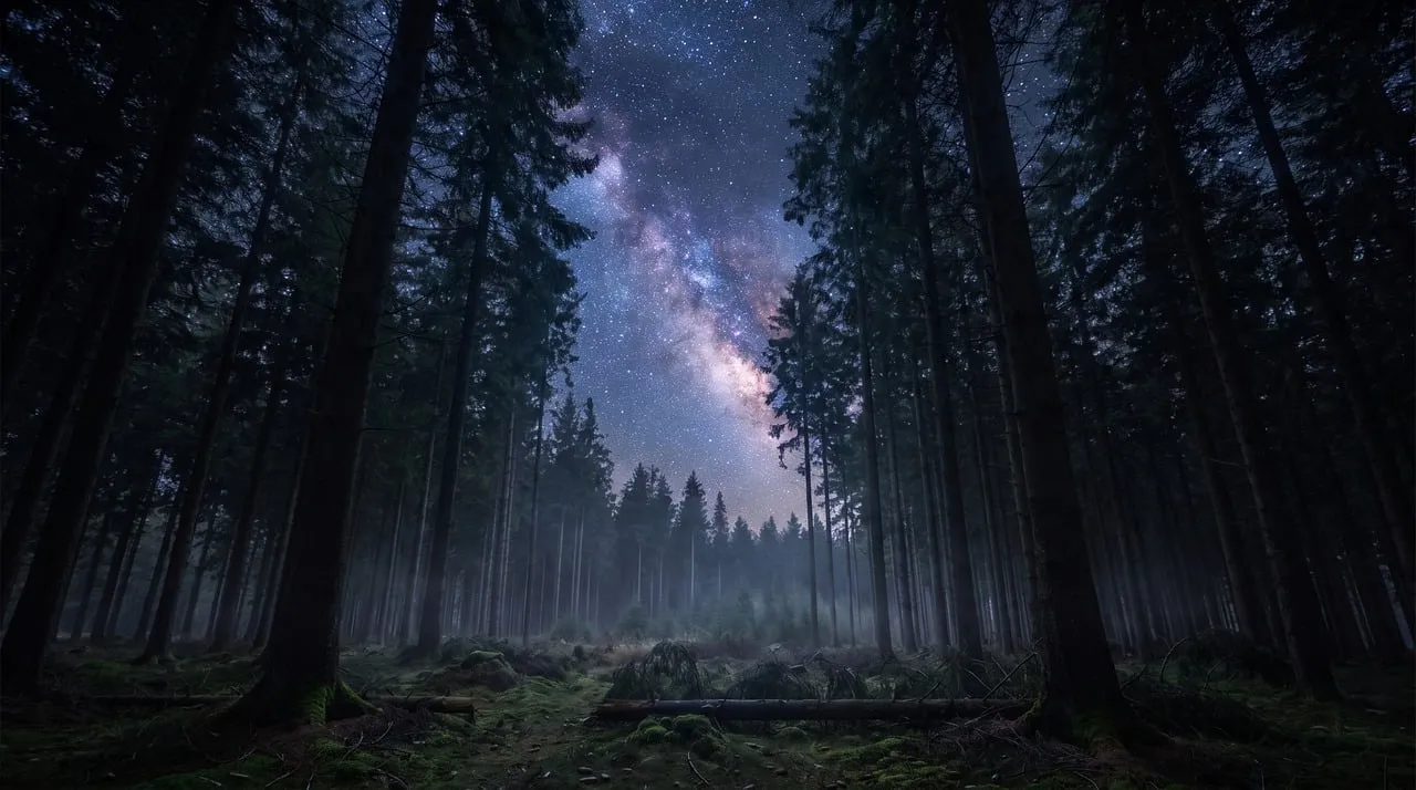 Celestial Forest: Milky Way's Embrace Over Ancient Trees