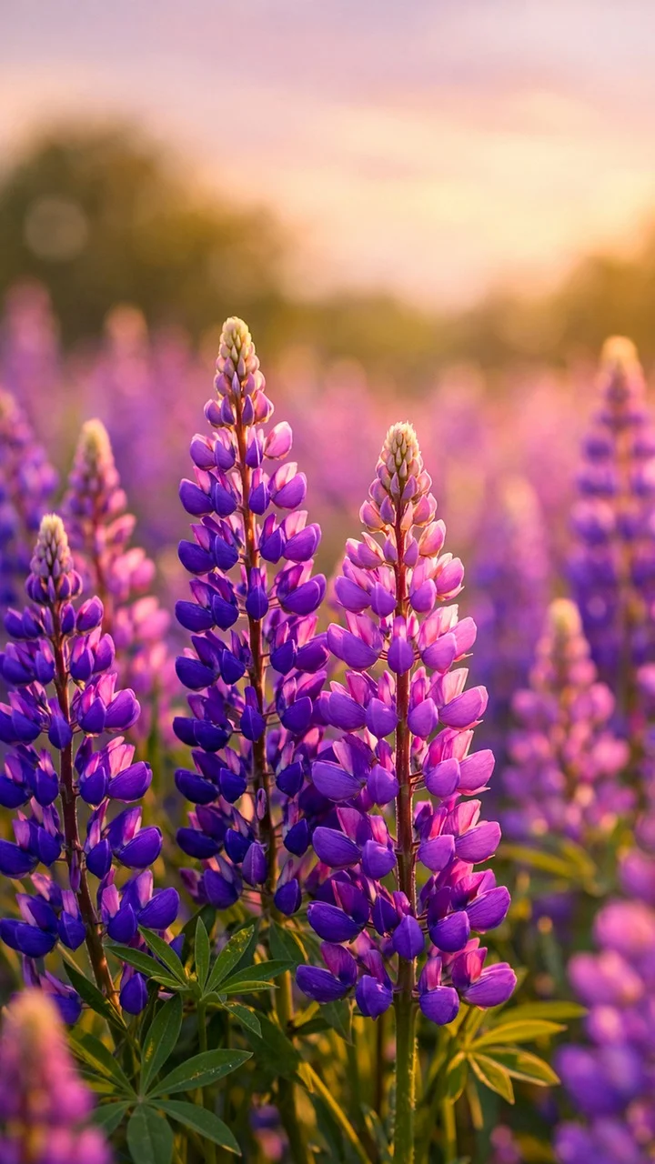 Enchanting Lupine Sunset: A Field of Purple Dreams