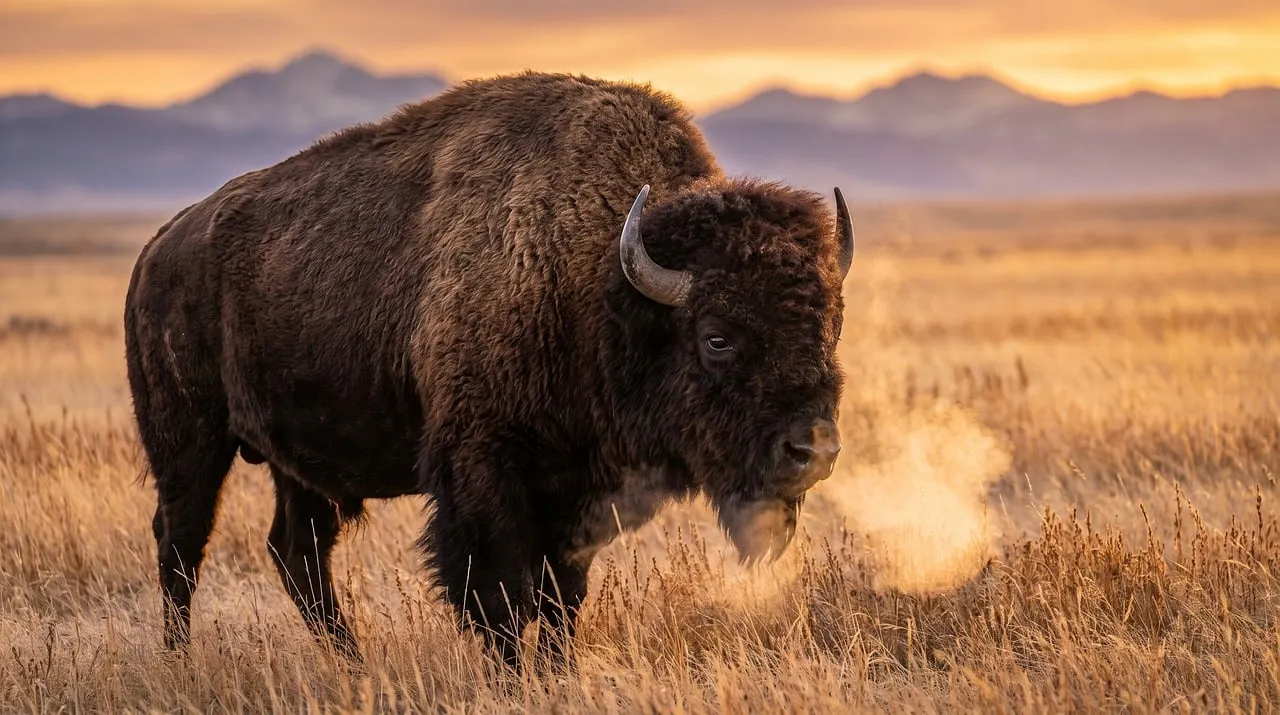 Majestic Bison Breathes Cold in Golden Autumn Sunset
