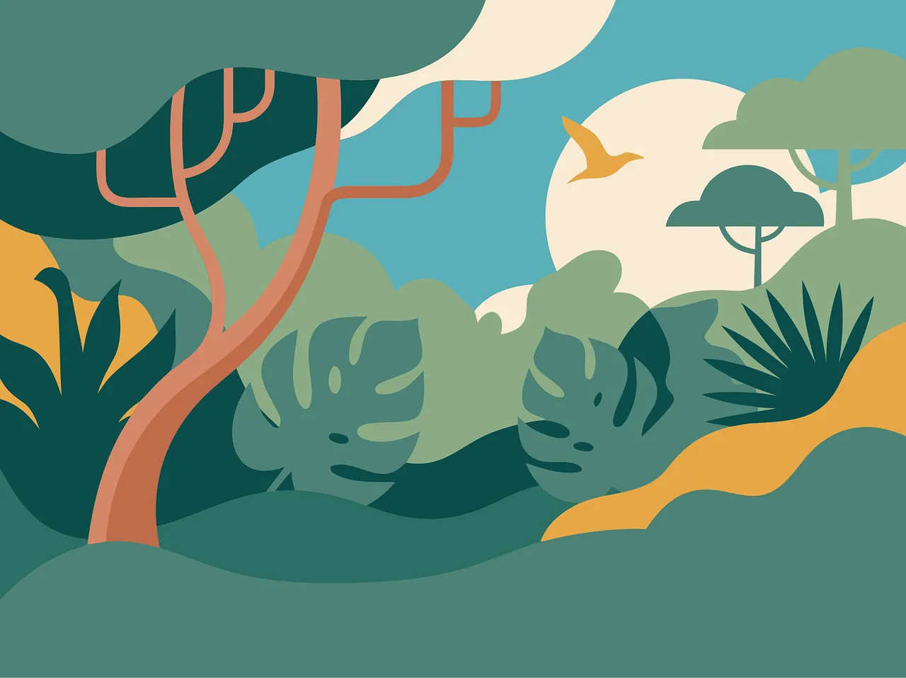 Vibrant Jungle Landscape: Minimalist Tropical Nature Illustration