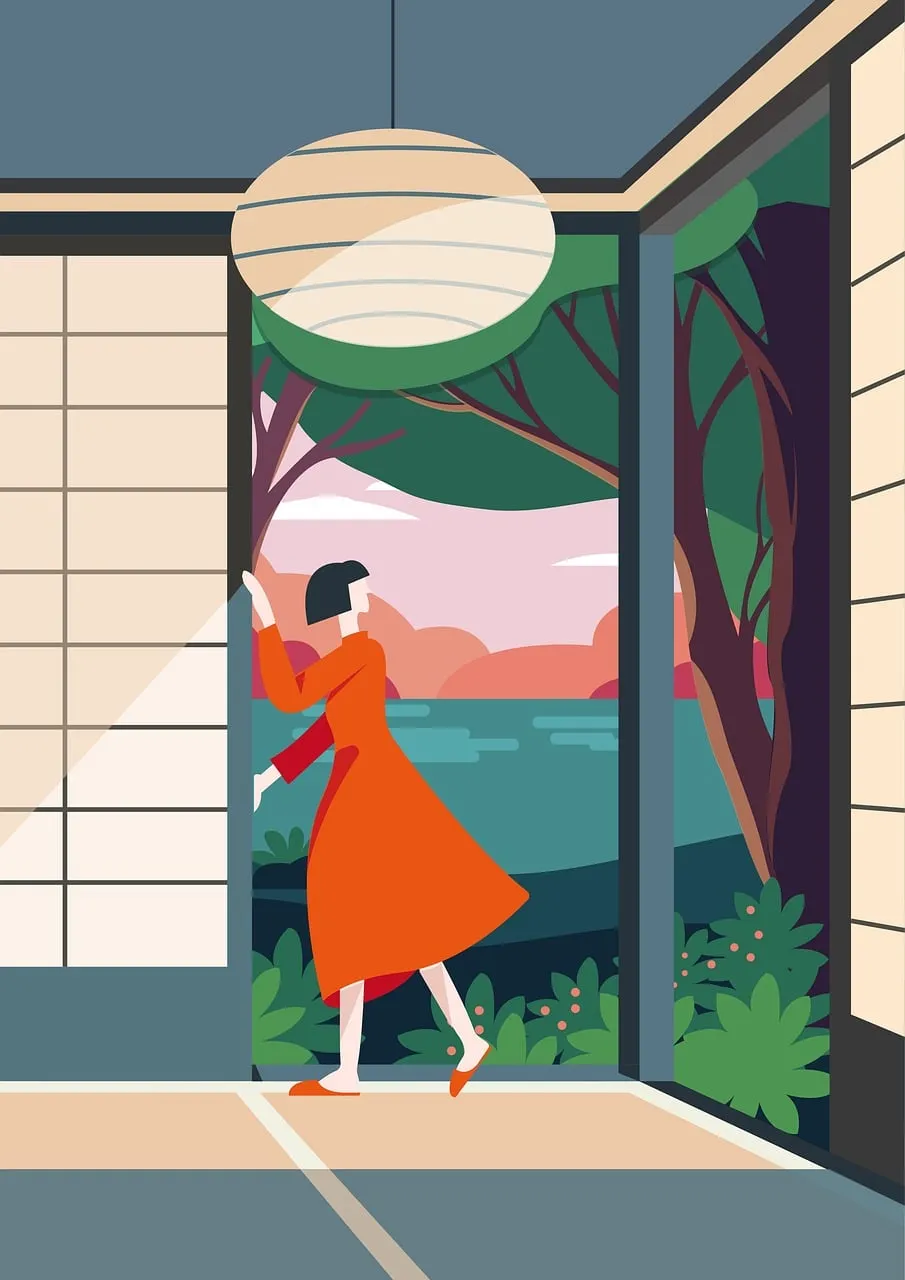 Zen Serenity: Woman in Red Dress Embraces Nature's Tranquility