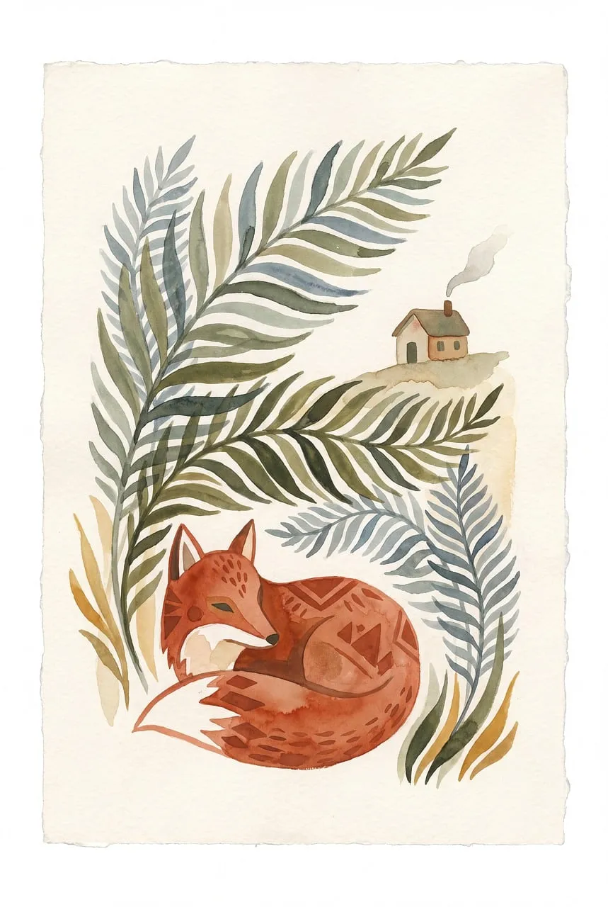 Rustic Watercolor Dream: Fox, Cabin, and Nature's Embrace