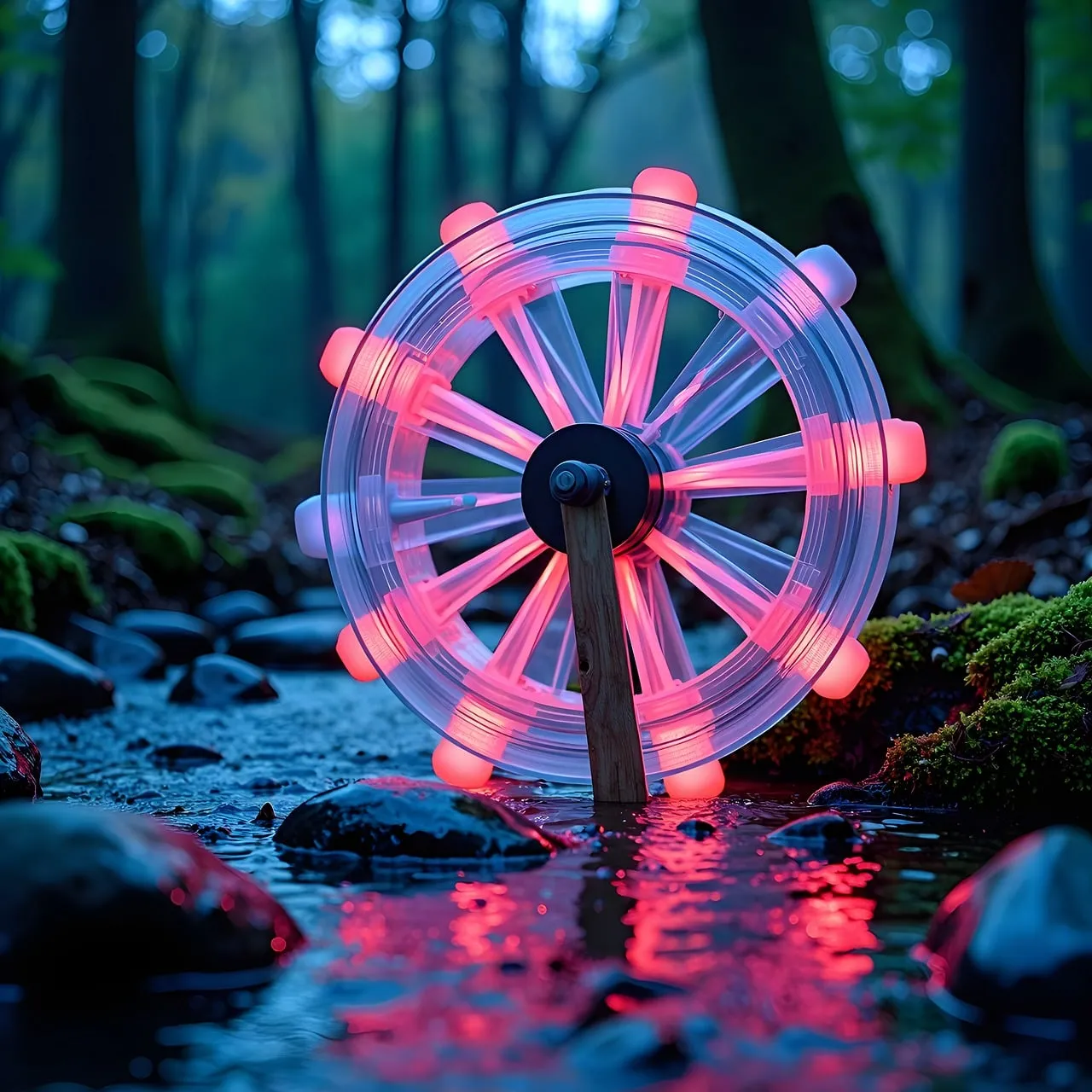 Enchanting Luminous Water Wheel in a Mystical Forest Stream