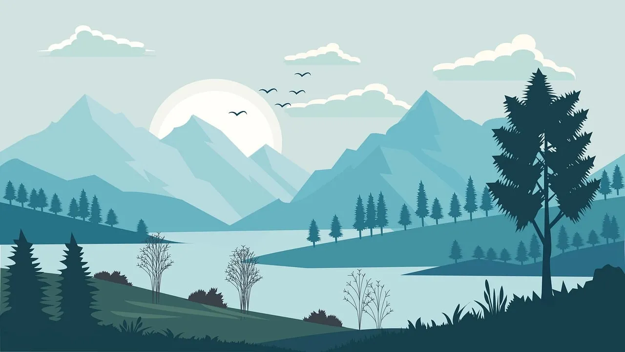 Serene Mountain Lake Panorama: Flat Design Nature Landscape
