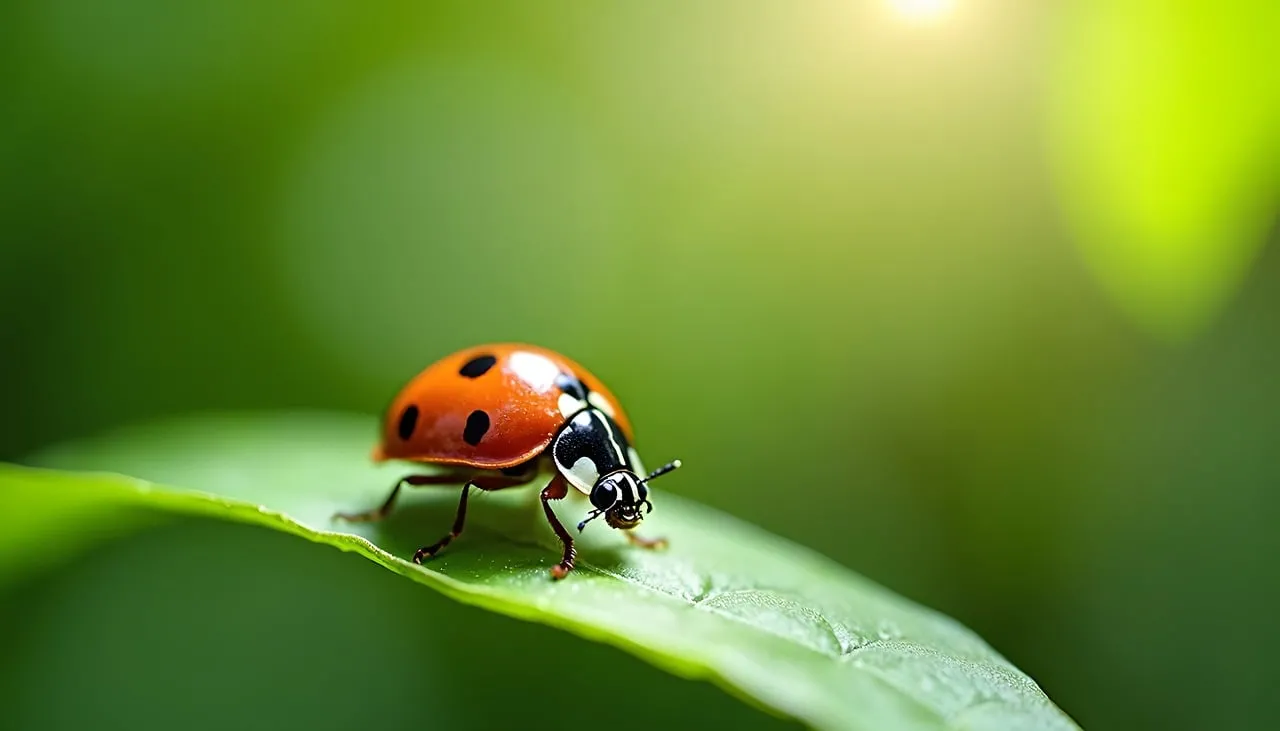 Vibrant Macro: Ladybug on Green Leaf with Sunlight