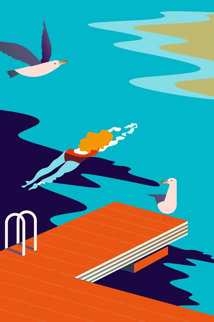 Vibrant Summer Dive: Abstract Swimmer and Seagulls