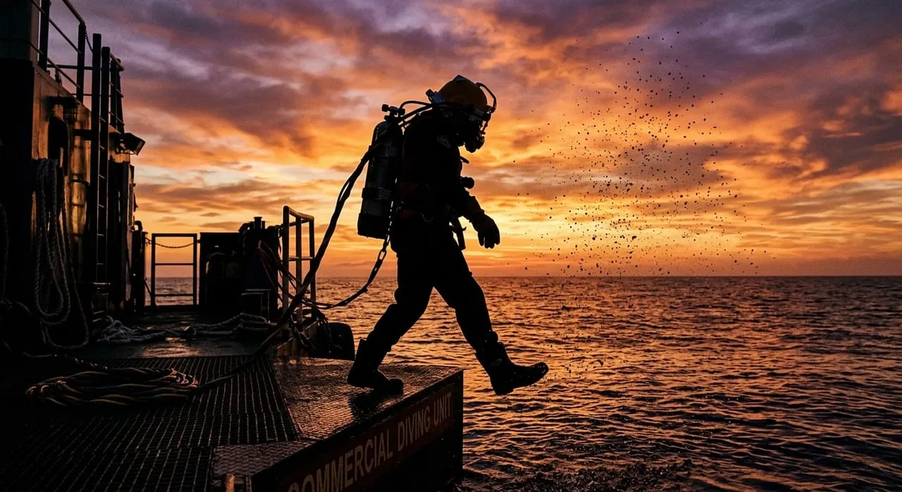Dramatic Sunset Silhouette: Commercial Diver's Hazardous Plunge