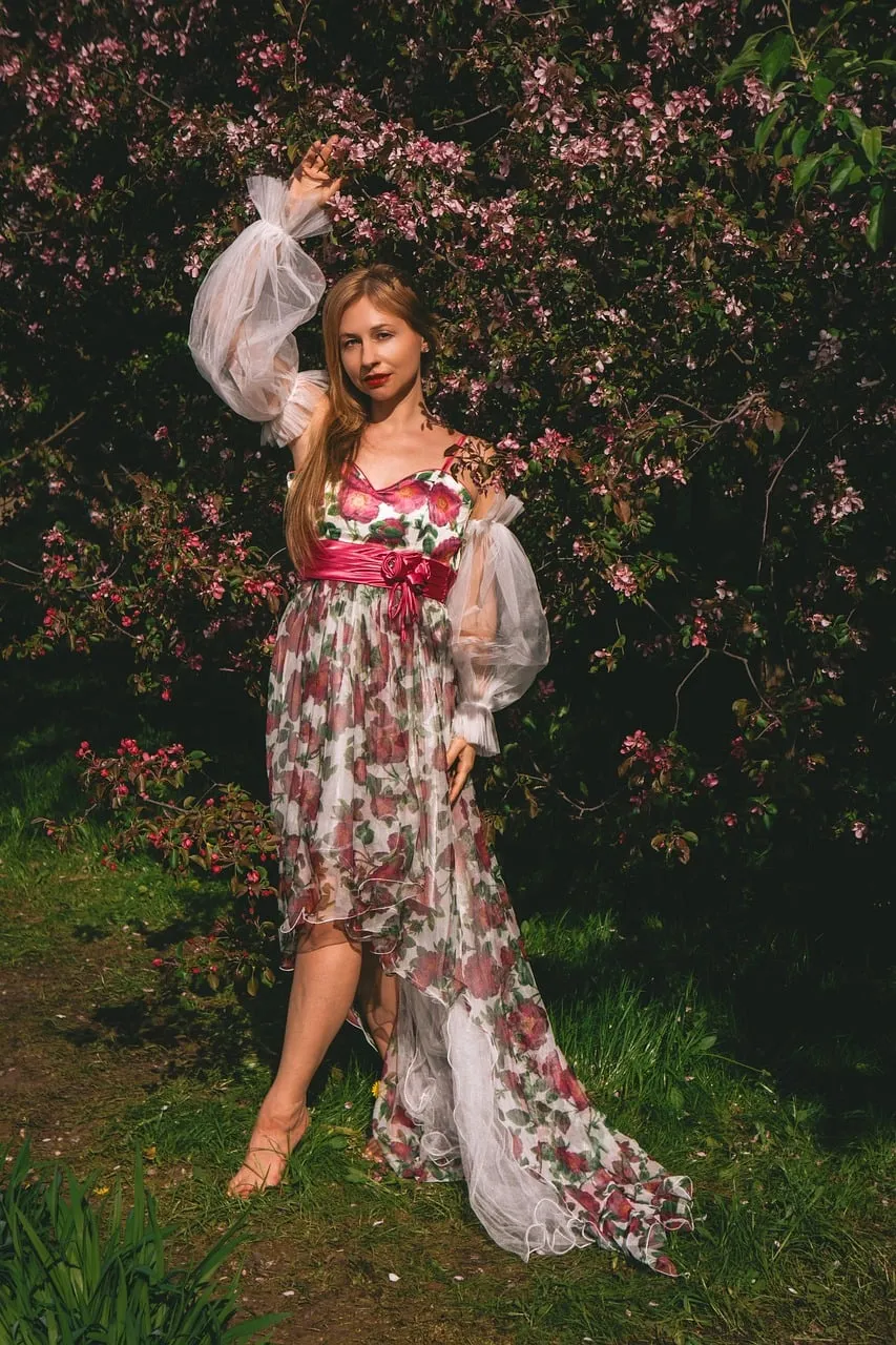 Enchanting Spring Blossom Portrait: Woman in Floral Gown