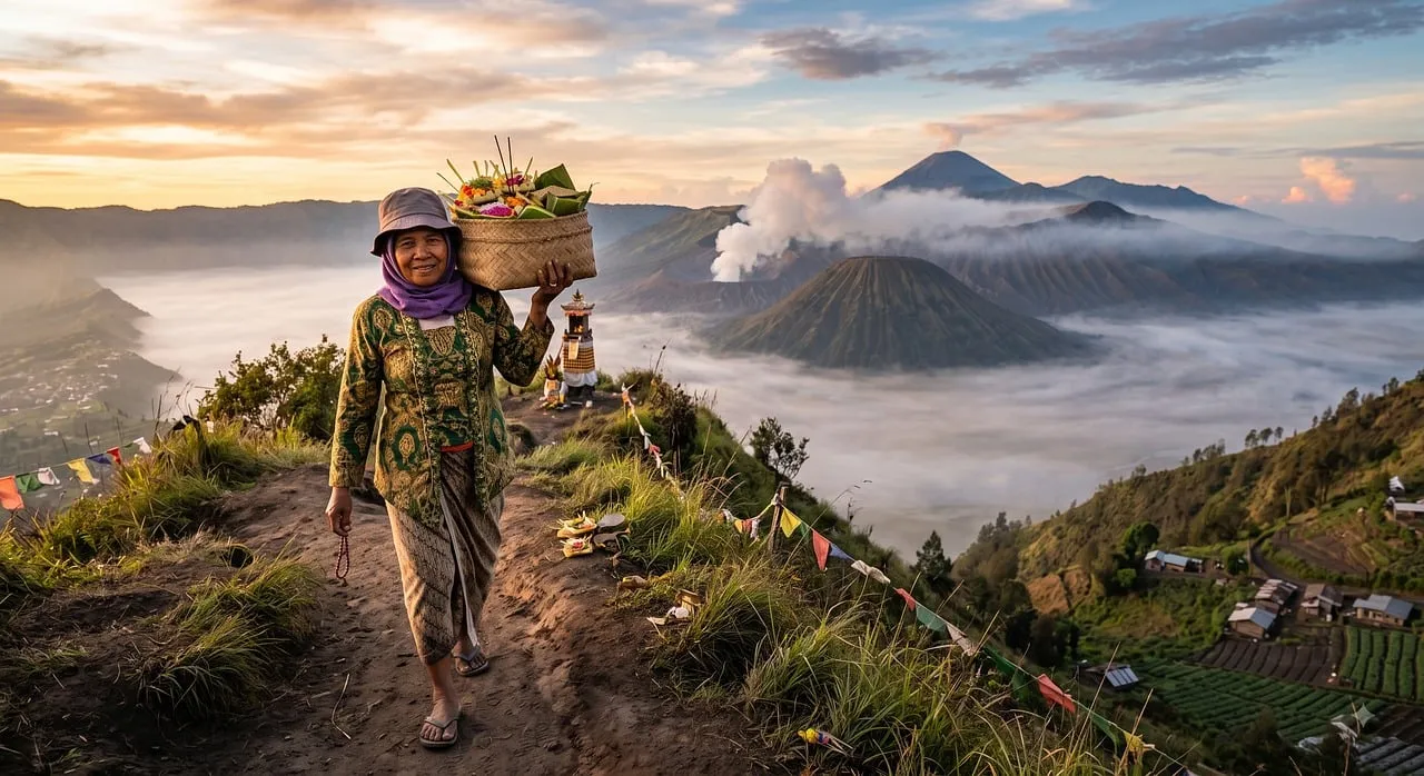 Mystical Indonesian Sunrise: Offerings Amidst Volcanic Grandeur