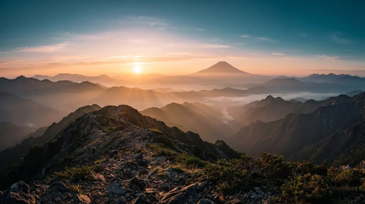 Majestic Volcanic Sunrise: Golden Peaks and Misty Valleys