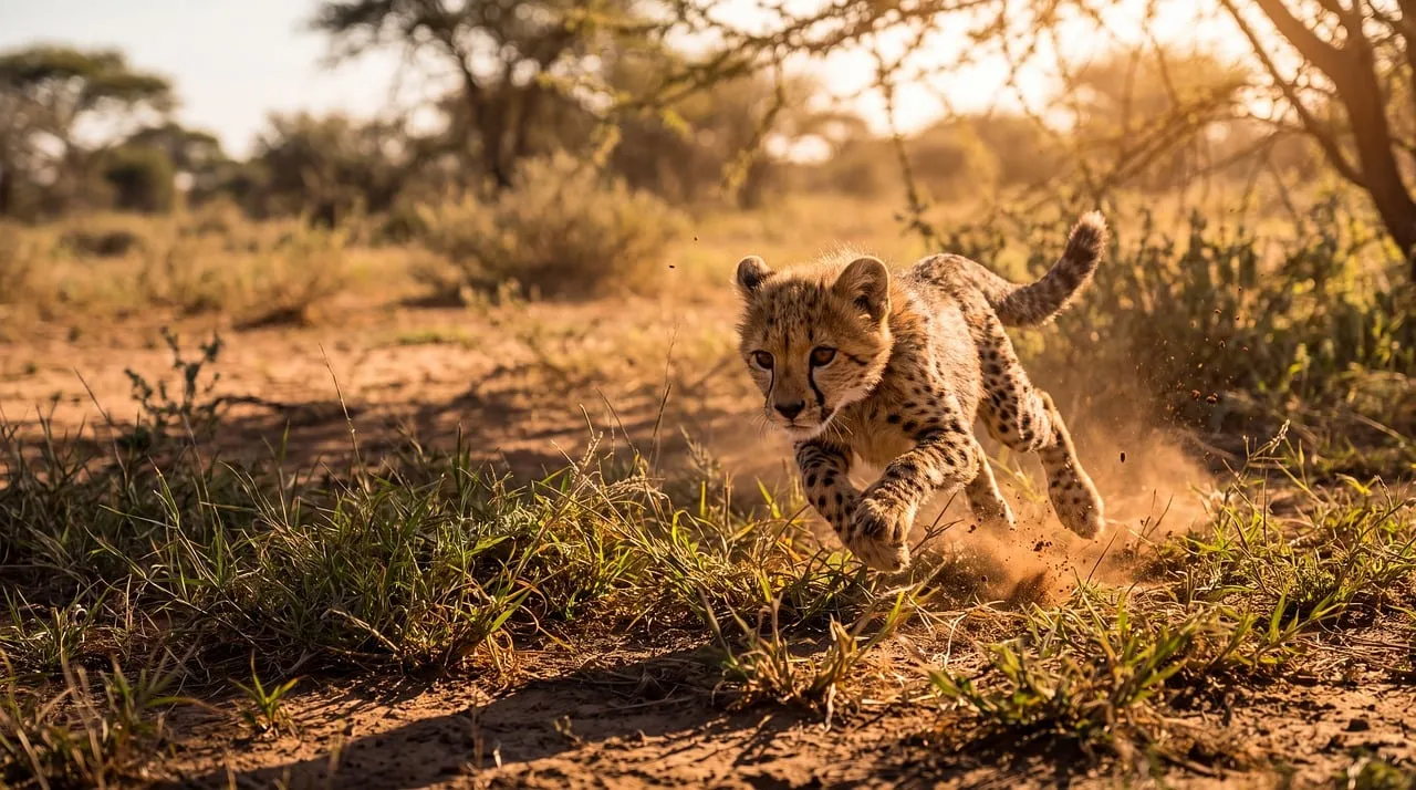 Blazing Speed: Cheetah Cub's Sunset Sprint in the Savanna
