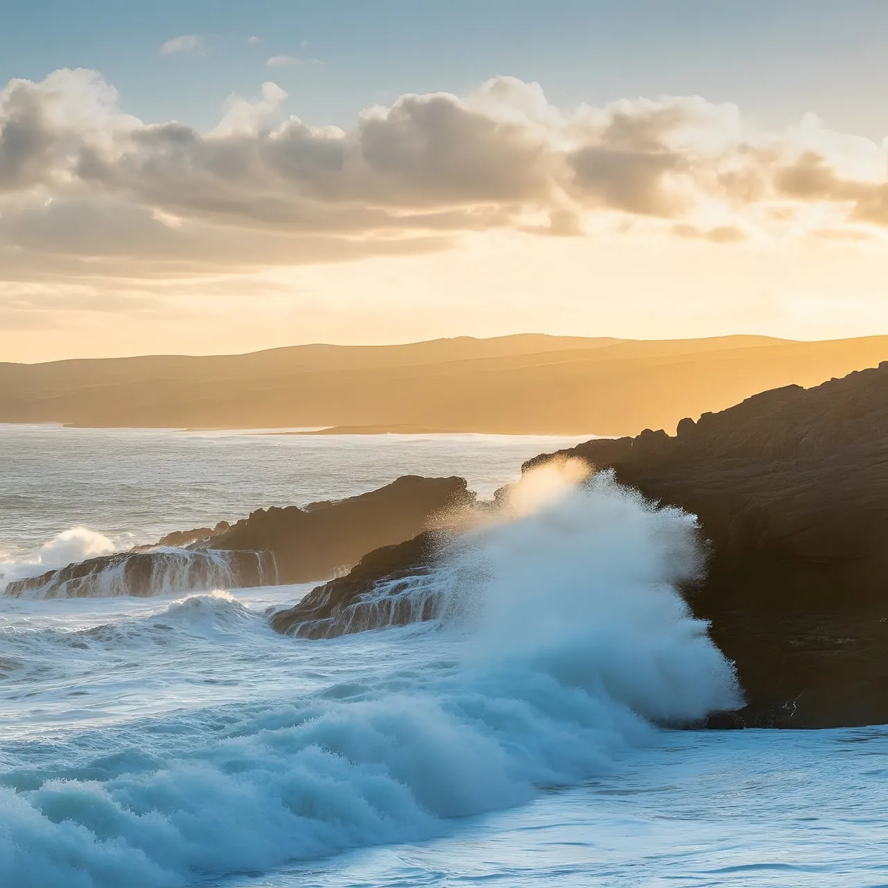 Dramatic Coastal Sunset: Waves Crashing on Rugged Rocks