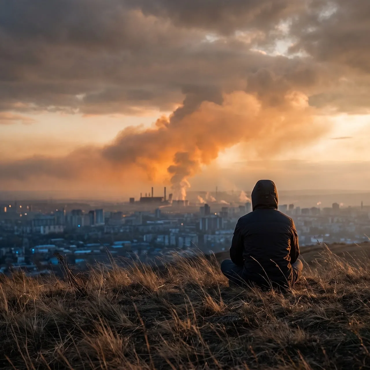 Solitude's Embrace: Man Gazing at City Sunset & Industrial Haze