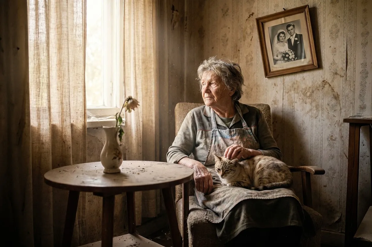 Heartwarming Gaze: Elderly Woman and Cat in Sunlight
