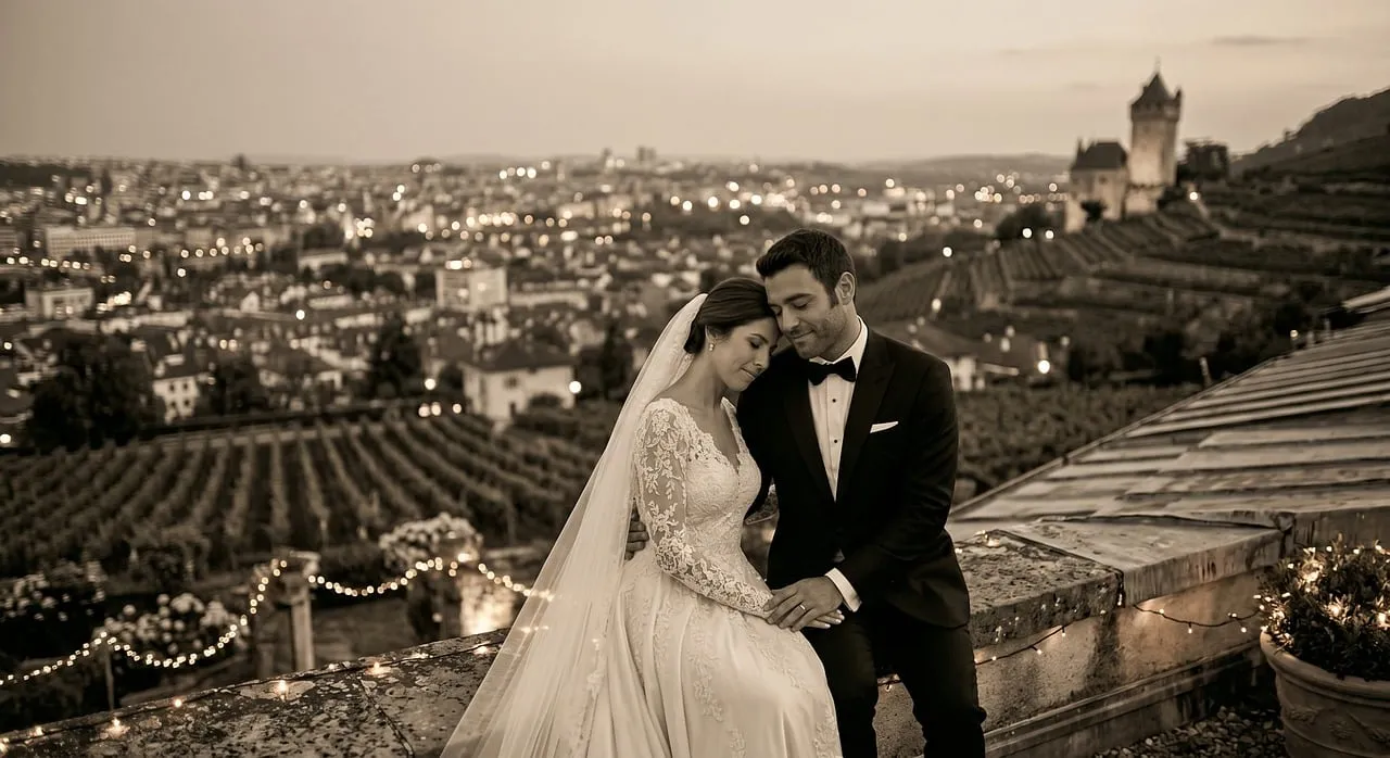 Timeless Romance: Couple's Intimate Sunset Wedding Portrait