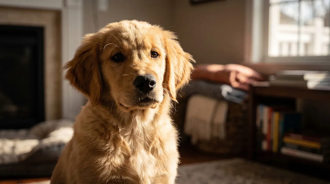 Adorable Golden Retriever Puppy Soaking Up Sunbeams Indoors