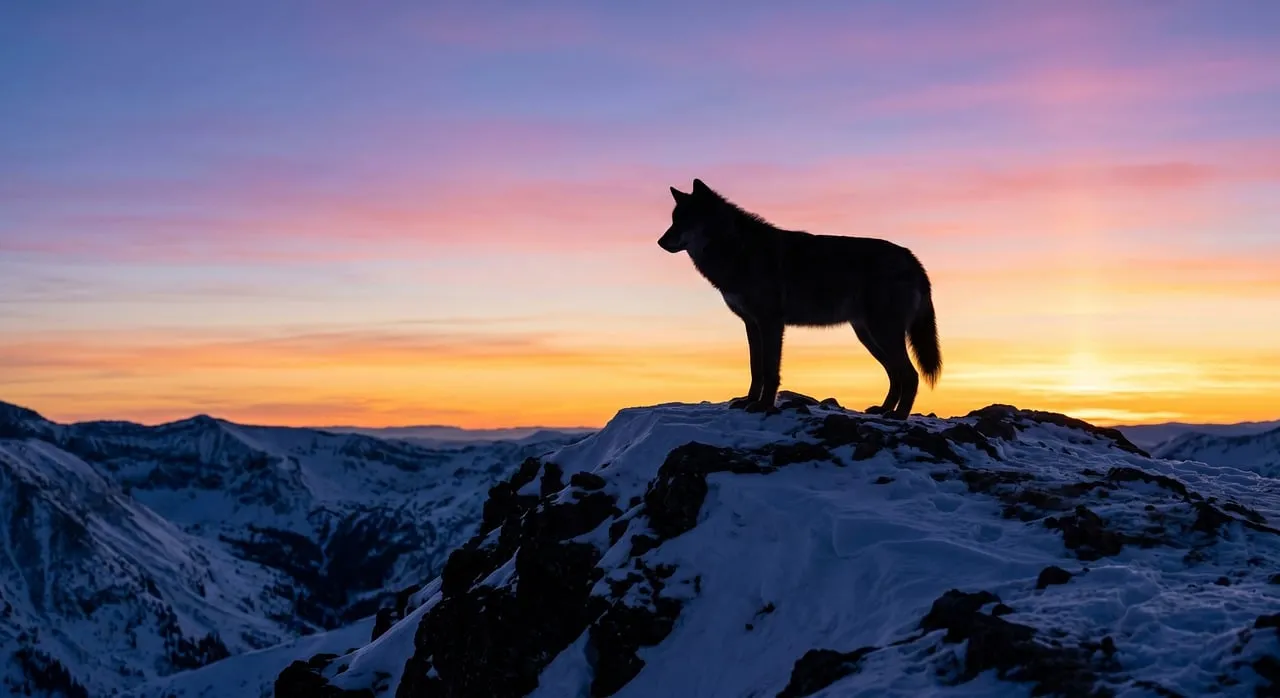 Majestic Wolf Silhouette at Sunset: Winter Mountain Wilderness