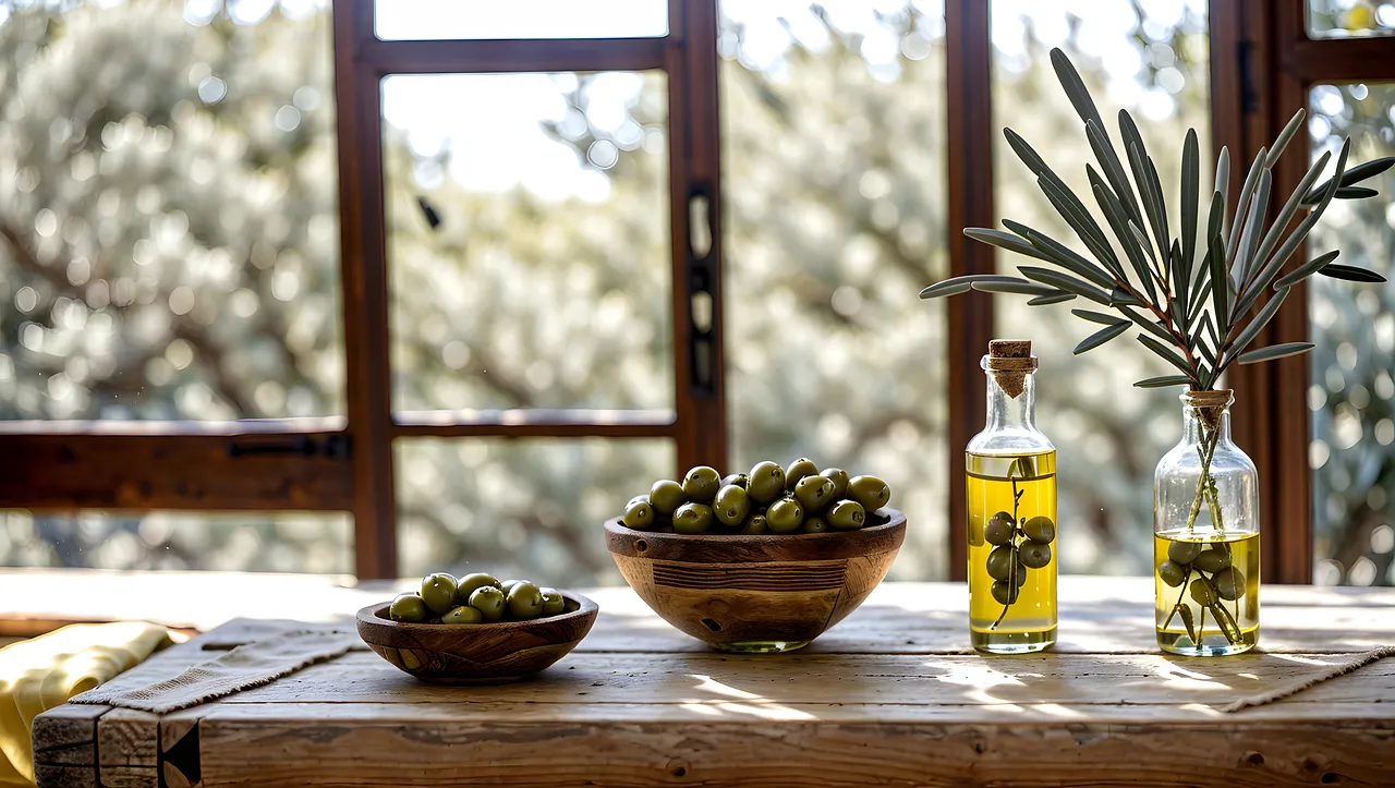 Rustic Mediterranean: Olive Oil & Fresh Olives on Wood