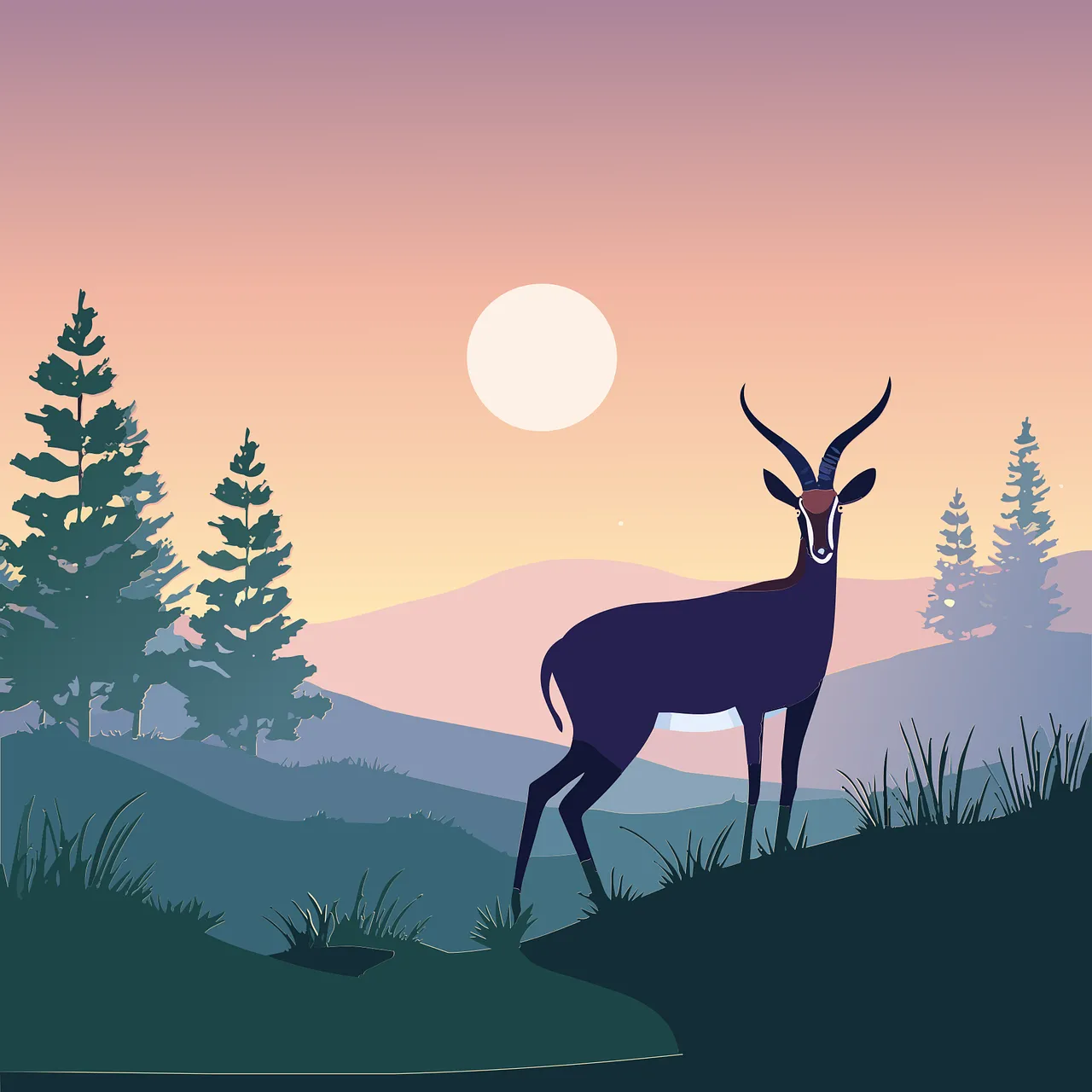 Serene African Dawn: Antelope Silhouette in Pastel Landscape