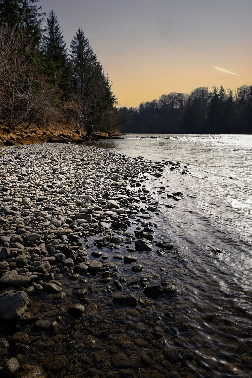 Breathtaking Sunset Over Lech River Rapids in Bavaria