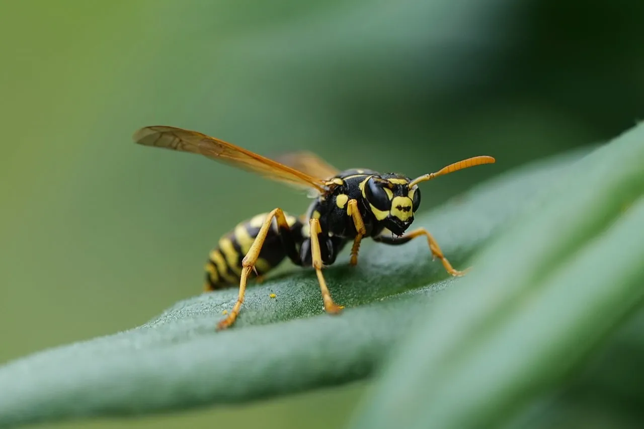 Intricate Macro: Wasp's Detailed Gaze on Green Leaf