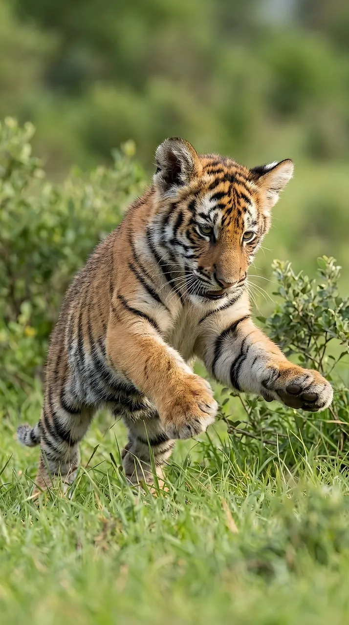Adorable Tiger Cub: Playful Pounce in Lush Meadow