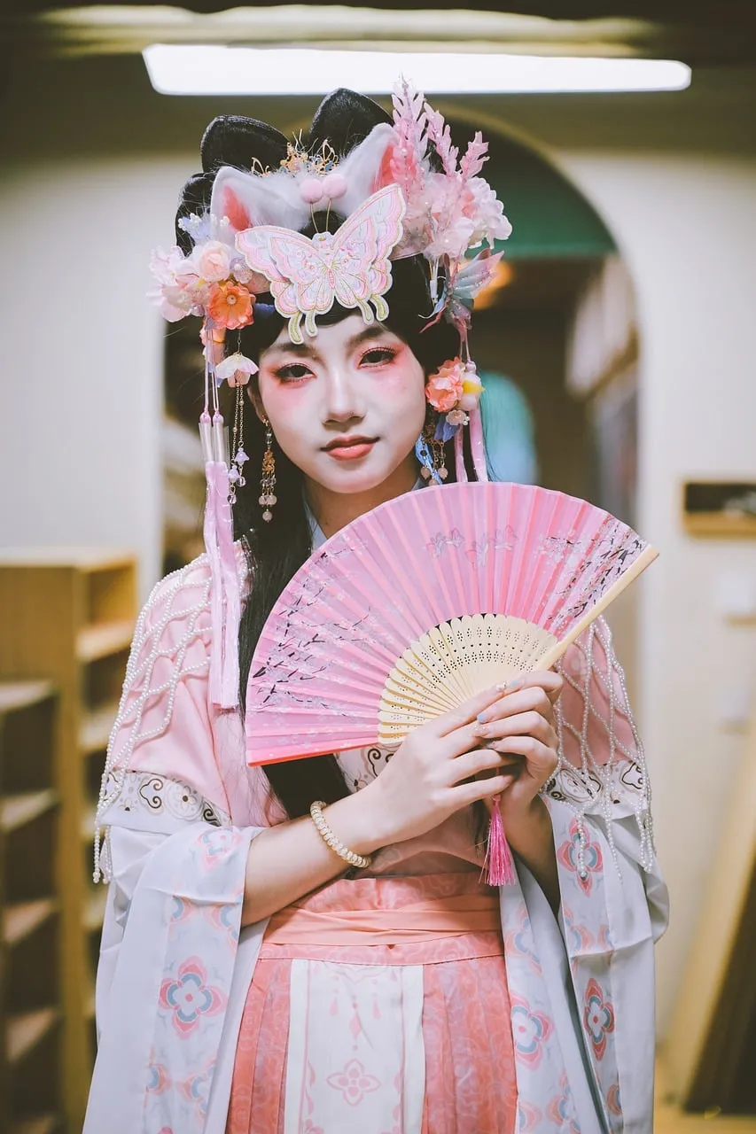 Enchanting Oriental Beauty: Traditional Garb and Butterfly Headdress