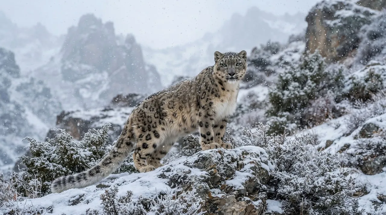Majestic Snow Leopard: Elusive Predator in a Winter Wonderland