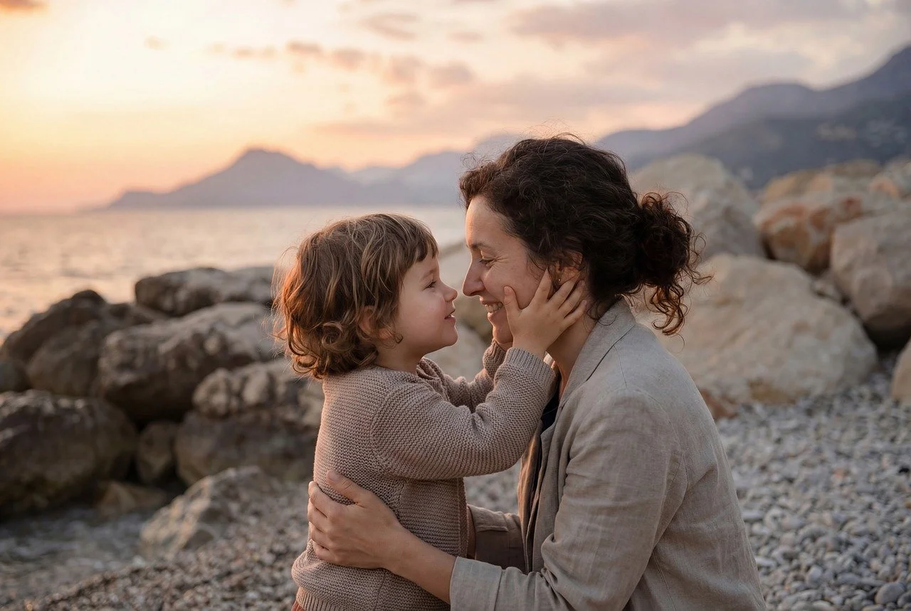Heartwarming Sunset Embrace: Mother and Child's Beach Love