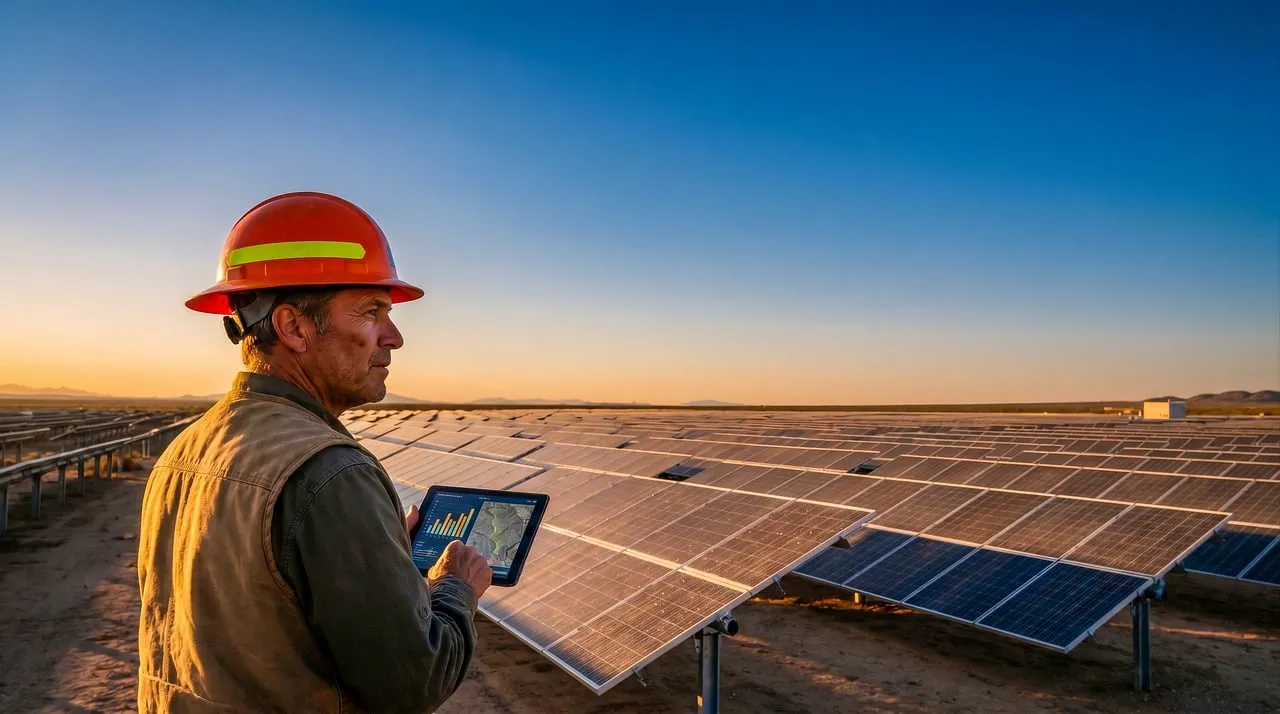 Engineer Optimizes Solar Farm Operations at Sunset