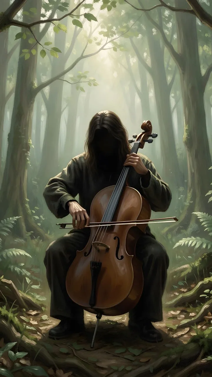 Mystical Melody: Cellist's Enchanting Solitude in the Forest