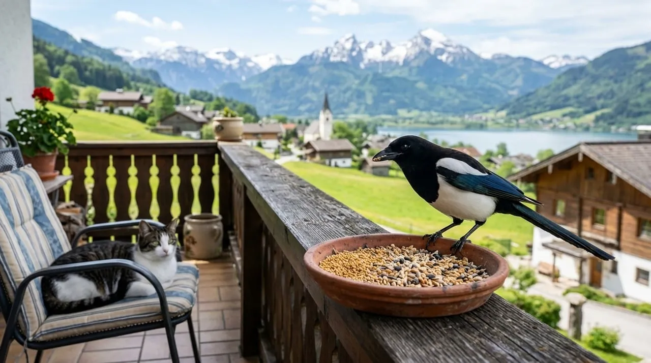 Charming Alpine Balcony: Cat, Magpie, and Majestic Mountain Vistas