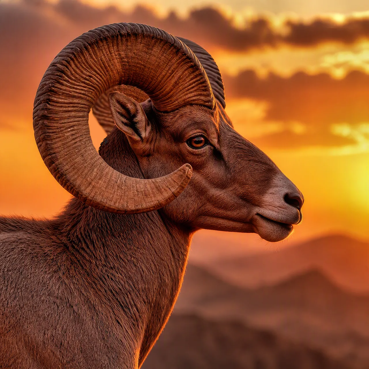 Majestic Bighorn Ram Silhouetted Against a Fiery Desert Sunset