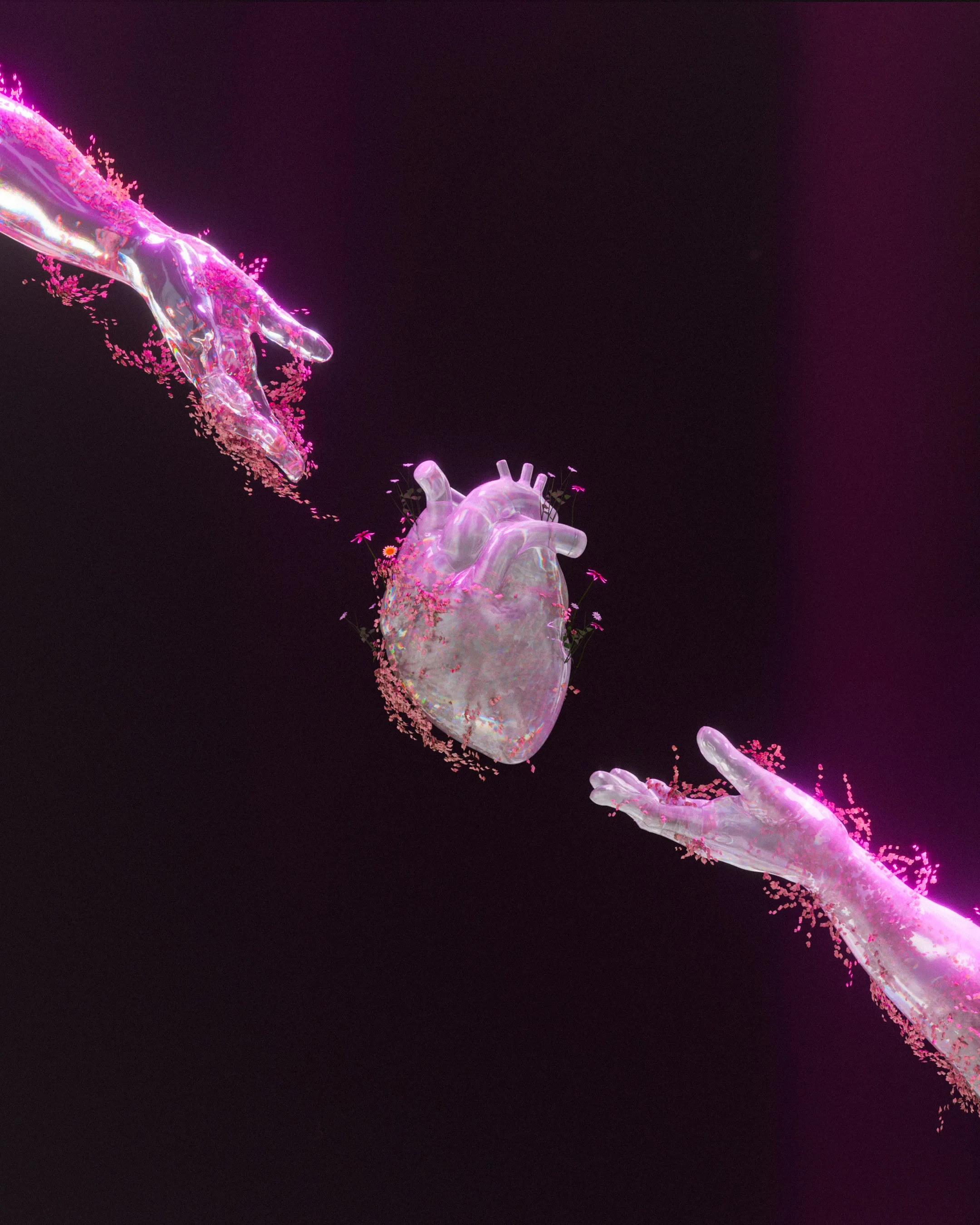 Stunning 3D Render: Luminous Hands Reaching for a Glowing Heart