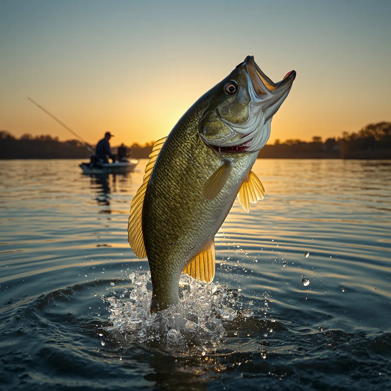 Dramatic Bass Leap: Golden Hour Fishing Adventure
